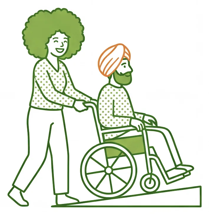 Support worker warmly pushing a smiling man in a wheelchair up a ramp
