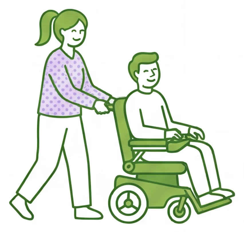 Support worker guiding a man in a power wheelchair