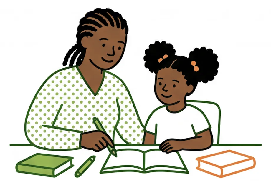 A support worker helping a young girl with her homework
