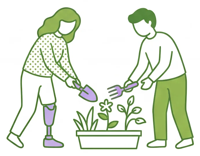 Two people gardening together, one with a prosthetic leg