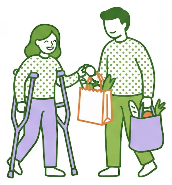 Support worker and participant using crutches doing grocery shopping together