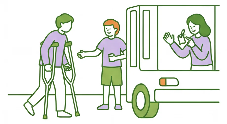 Friendly conversation between participants and a support worker at a community bus