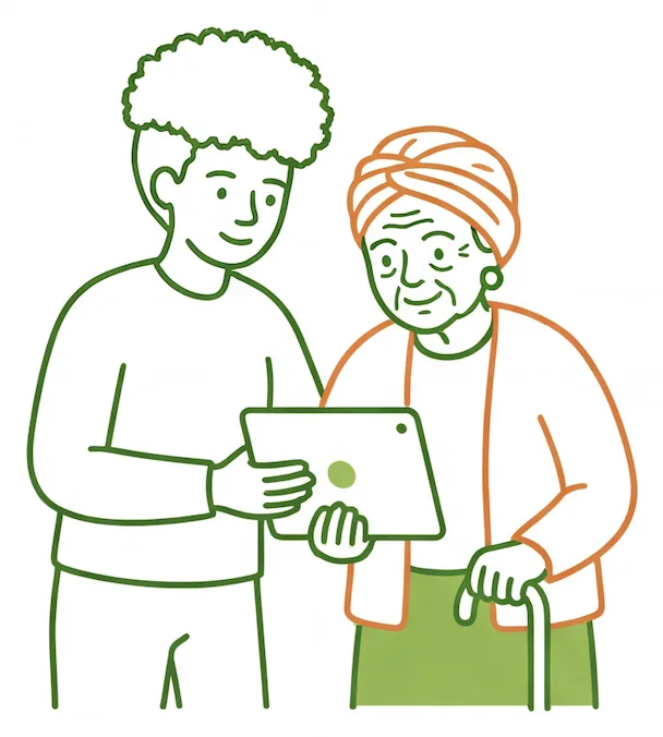 Young man showing an older woman information on a tablet